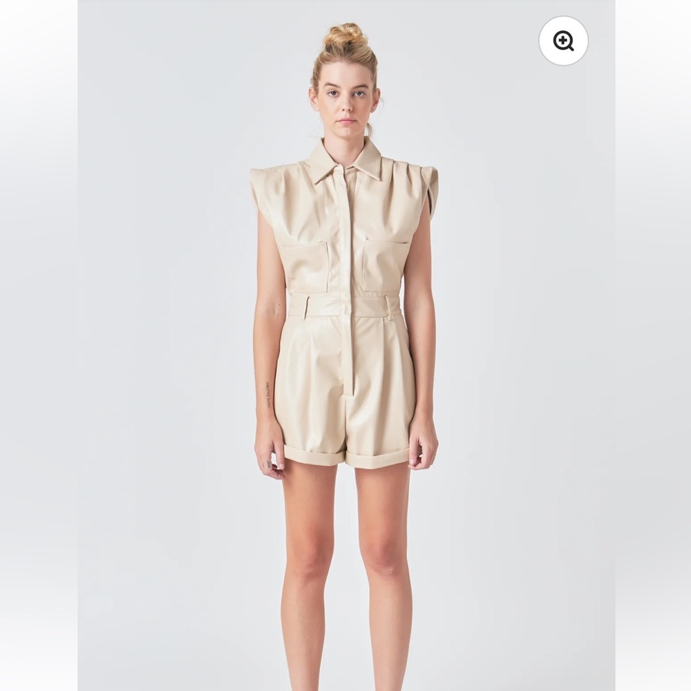 NWT Grey Lab Faux Leather Romper in beige. Size L  Sleeveless, cuffed shorts.